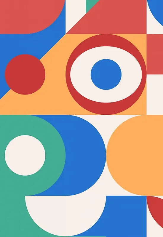 Gros plan sur grille de formes colorees de l'affiche Bauhaus geometrique