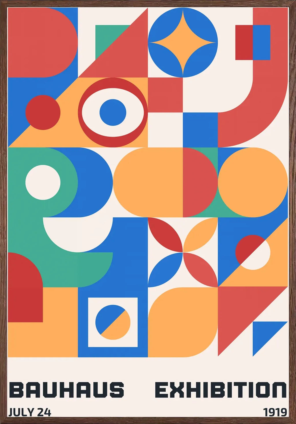 Cadre chene clair entourant l'affiche Bauhaus grille de formes colorees