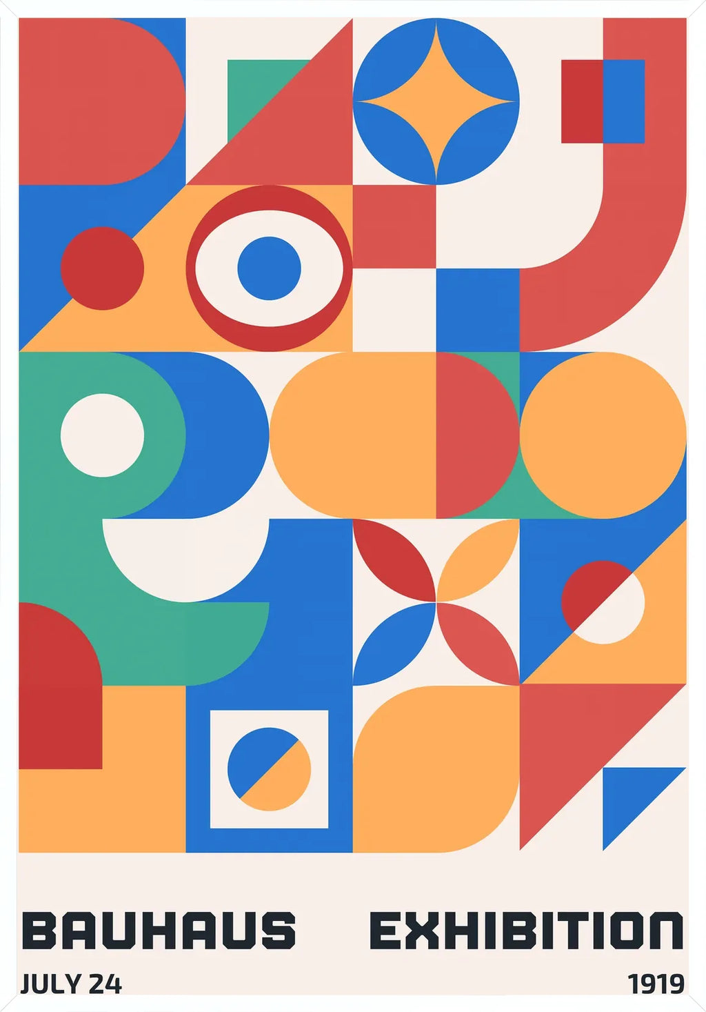 Cadre blanc epure presentant l'affiche Bauhaus grille de formes colorees