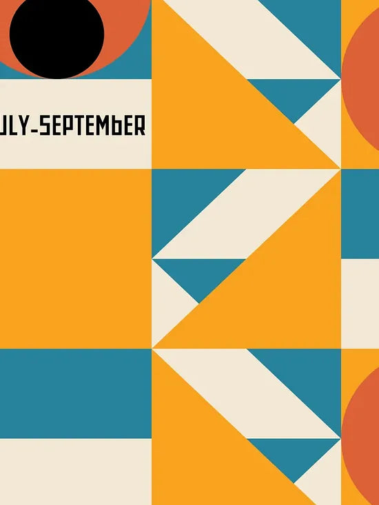 Gros plan sur grille aux yeux orange de l'affiche Bauhaus geometrique