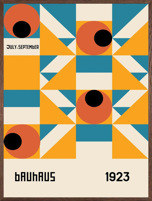Cadre chene clair entourant l'affiche Bauhaus grille aux yeux orange