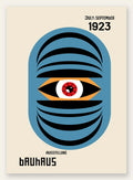 Oeil Bleu Surreel, affiche Bauhaus geometrique sur fond colore
