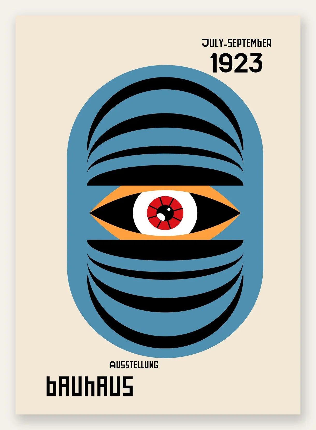 Oeil Bleu Surreel, affiche Bauhaus geometrique sur fond colore