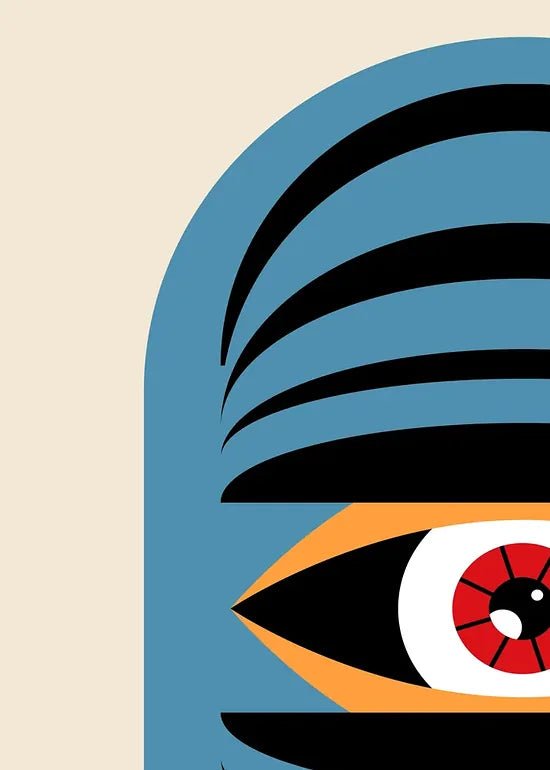 Gros plan sur oeil bleu surreel de l'affiche Bauhaus geometrique