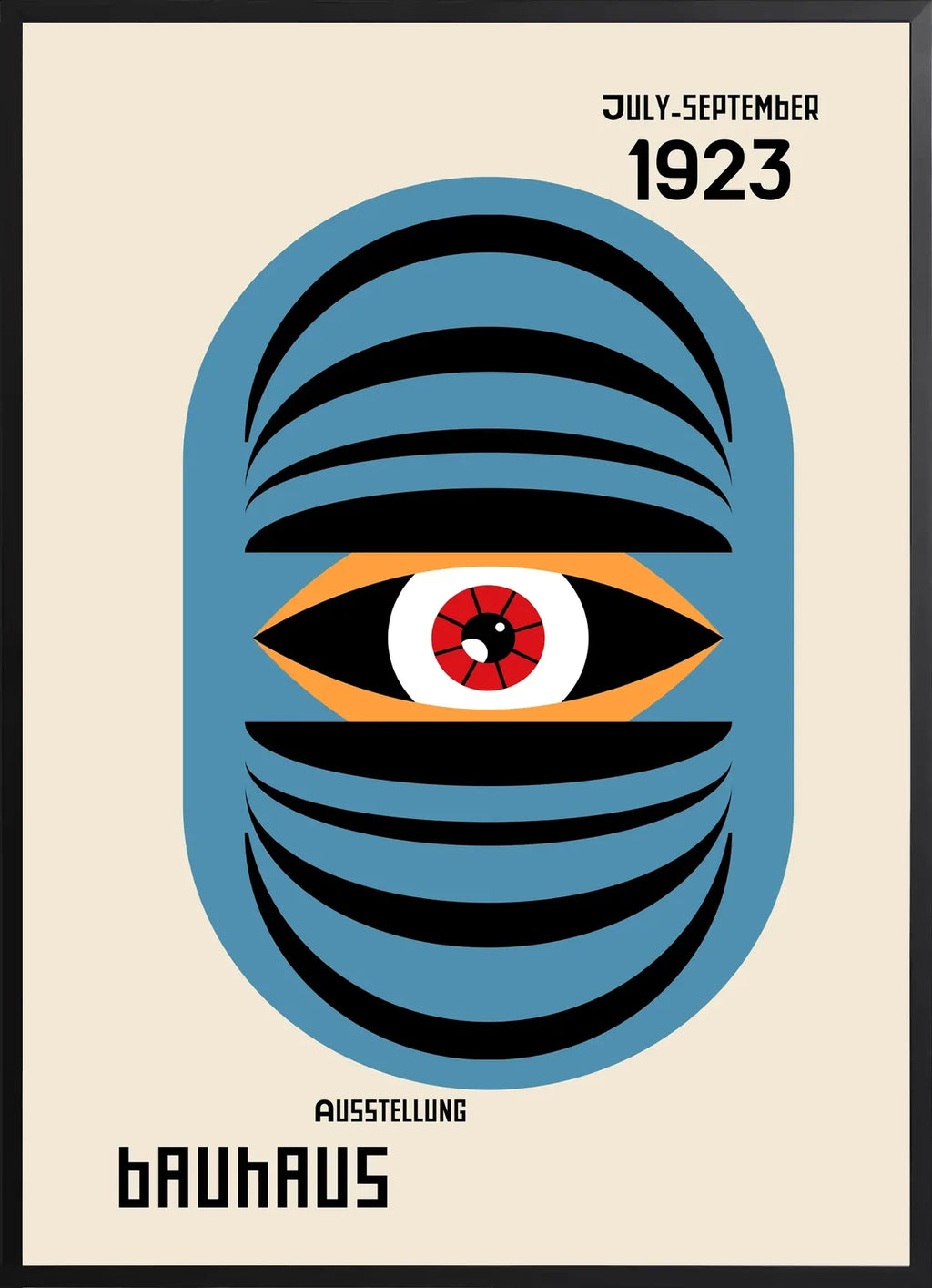 Encadrement noir mat autour de l'affiche Bauhaus oeil bleu surreel