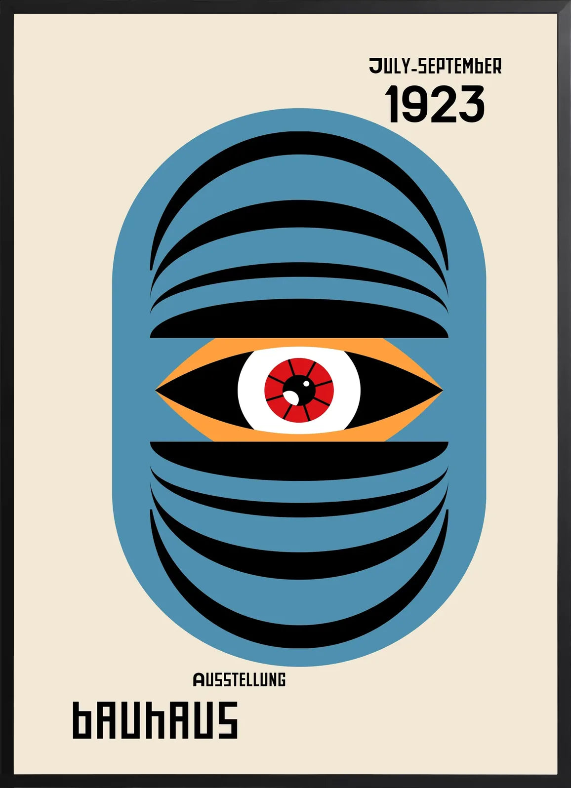 Encadrement noir mat autour de l'affiche Bauhaus oeil bleu surreel