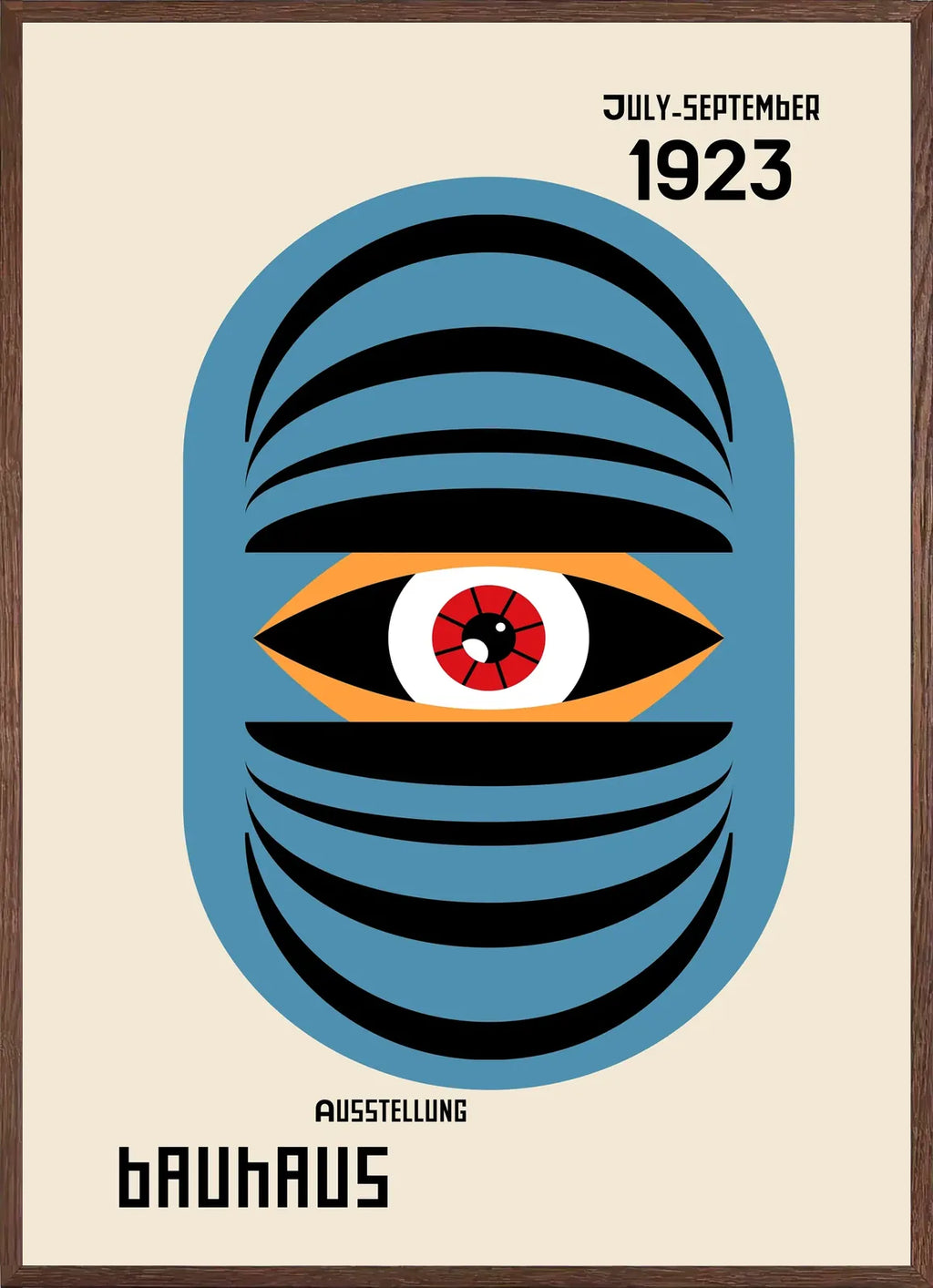 Cadre chene clair entourant l'affiche Bauhaus oeil bleu surreel