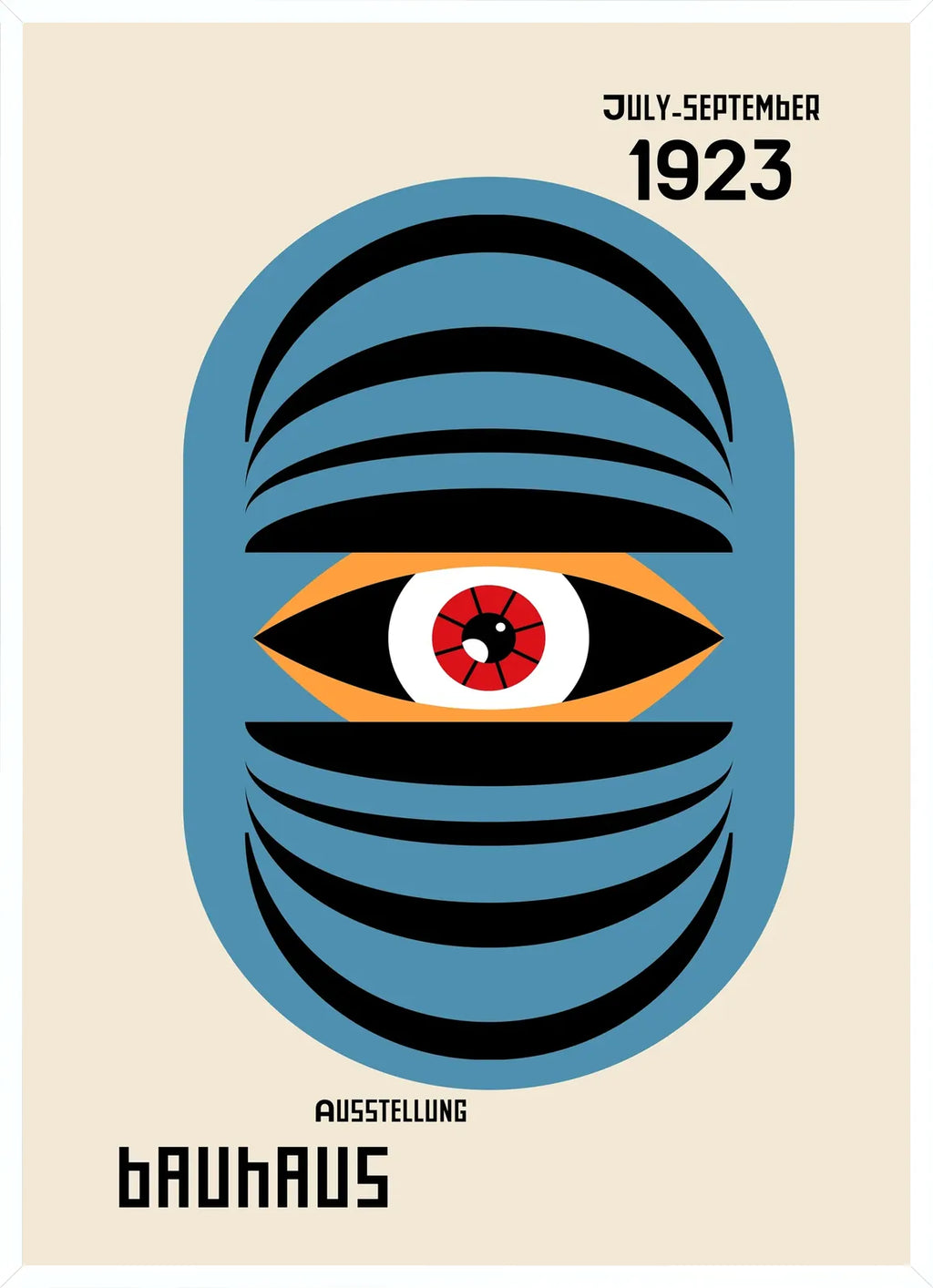 Cadre blanc epure presentant l'affiche Bauhaus oeil bleu surreel