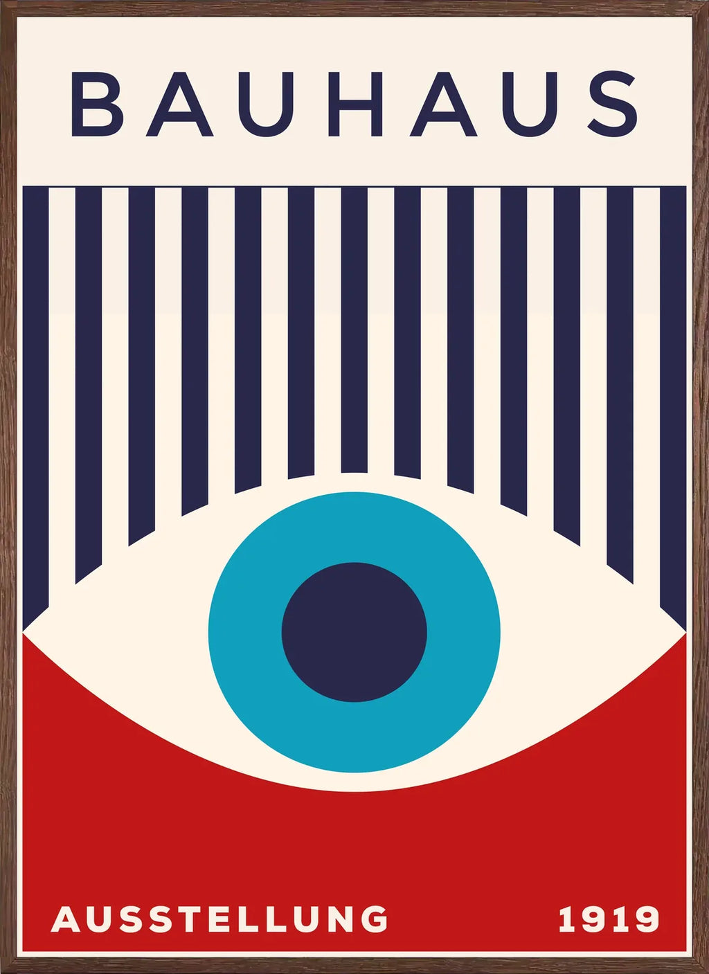 Cadre chene clair entourant l'affiche Bauhaus oeil turquoise