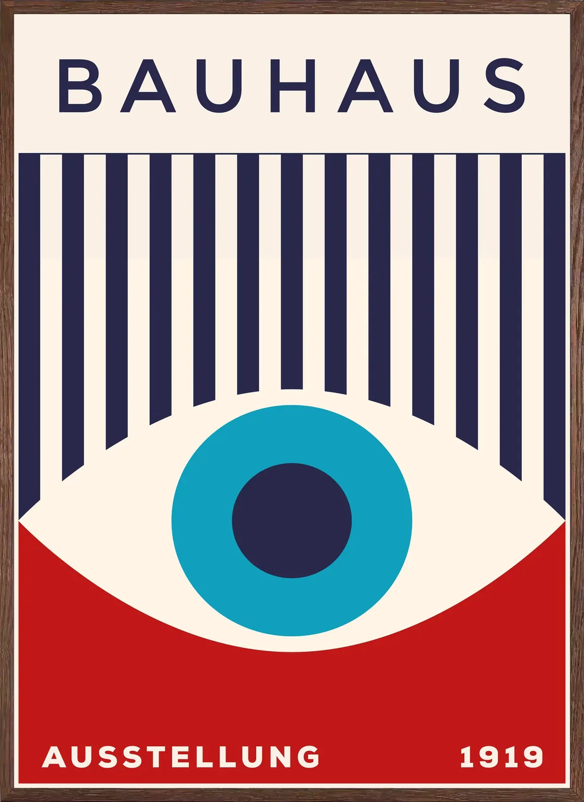 Cadre chene clair entourant l'affiche Bauhaus oeil turquoise