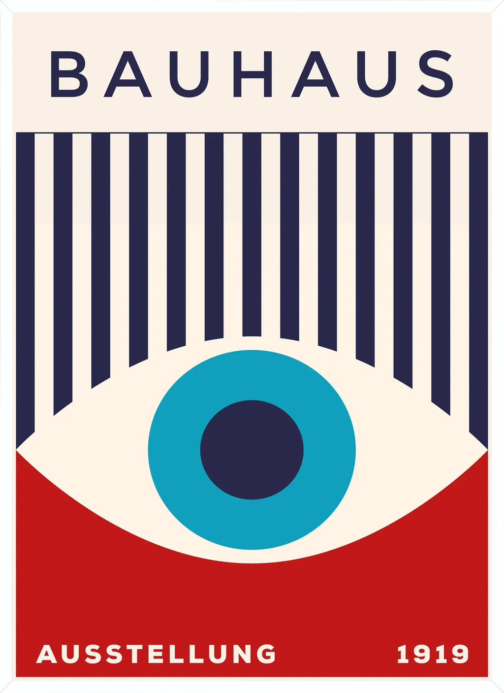 Cadre blanc epure presentant l'affiche Bauhaus oeil turquoise