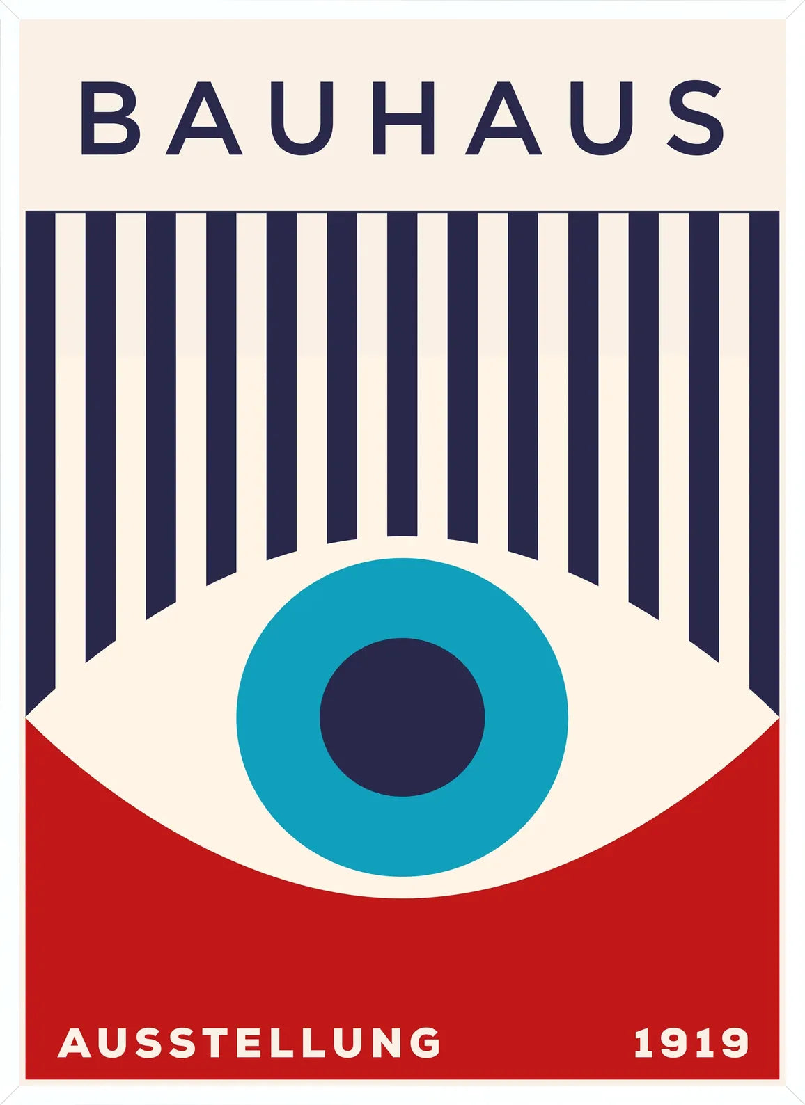 Cadre blanc epure presentant l'affiche Bauhaus oeil turquoise