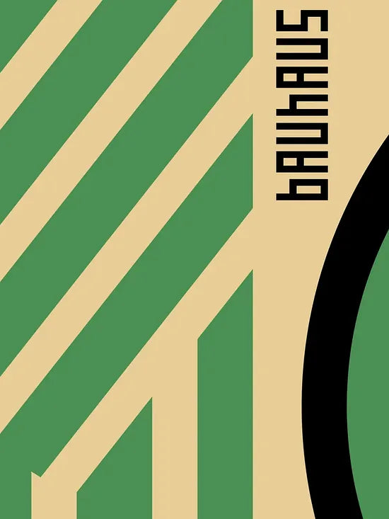 Gros plan sur oeil vert et noir de l'affiche Bauhaus geometrique