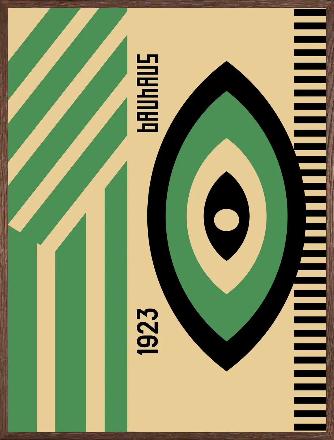 Cadre chene clair entourant l'affiche Bauhaus oeil vert et noir