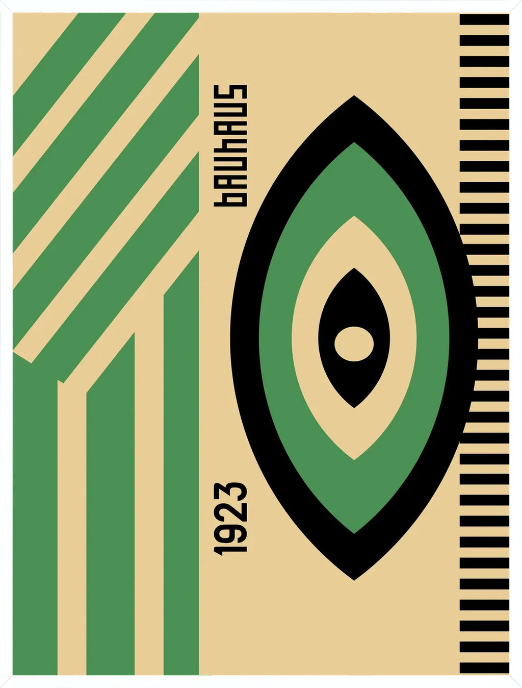 Cadre blanc epure presentant l'affiche Bauhaus oeil vert et noir