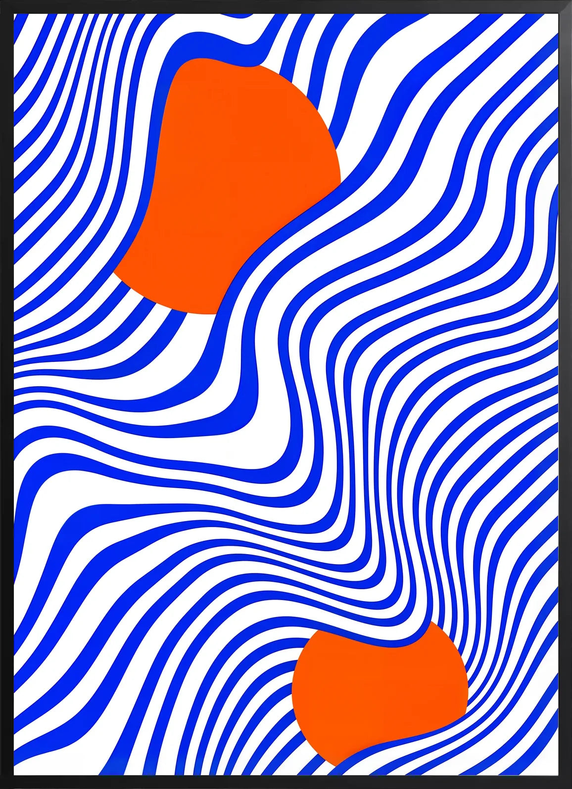 Encadrement noir mat autour de l'affiche Bauhaus op art bleu et orange