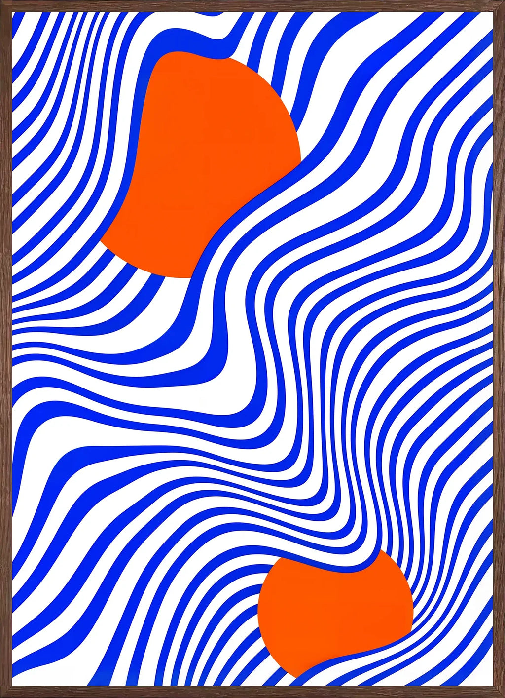Cadre chene clair entourant l'affiche Bauhaus op art bleu et orange