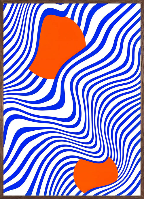 Cadre chene clair entourant l'affiche Bauhaus op art bleu et orange