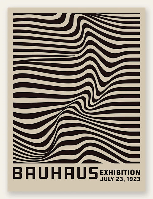 Op Art Vagues Noires, affiche Bauhaus geometrique sur fond colore