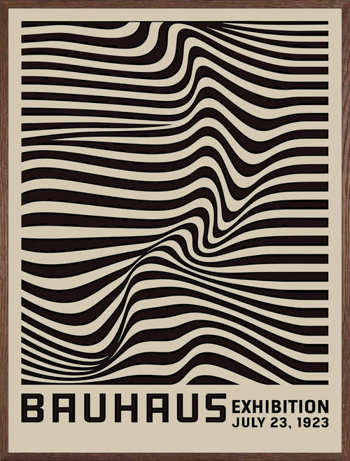 Cadre chene clair entourant l'affiche Bauhaus op art vagues noires