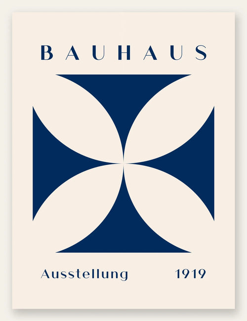 Quatre-Petales Bleus, affiche Bauhaus geometrique sur fond colore