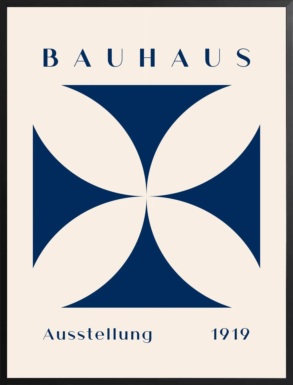 Encadrement noir mat autour de l'affiche Bauhaus quatre-petales bleus