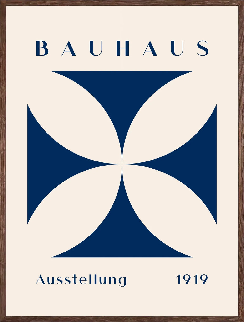 Cadre chene clair entourant l'affiche Bauhaus quatre-petales bleus