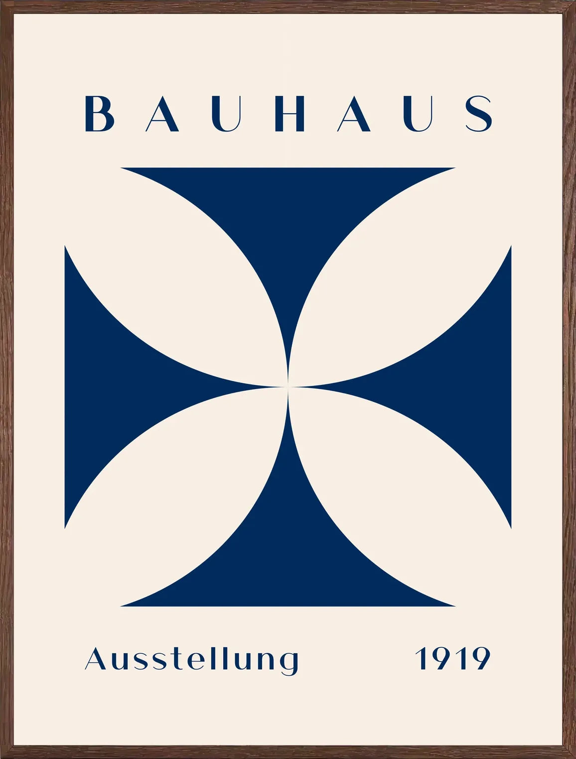 Cadre chene clair entourant l'affiche Bauhaus quatre-petales bleus