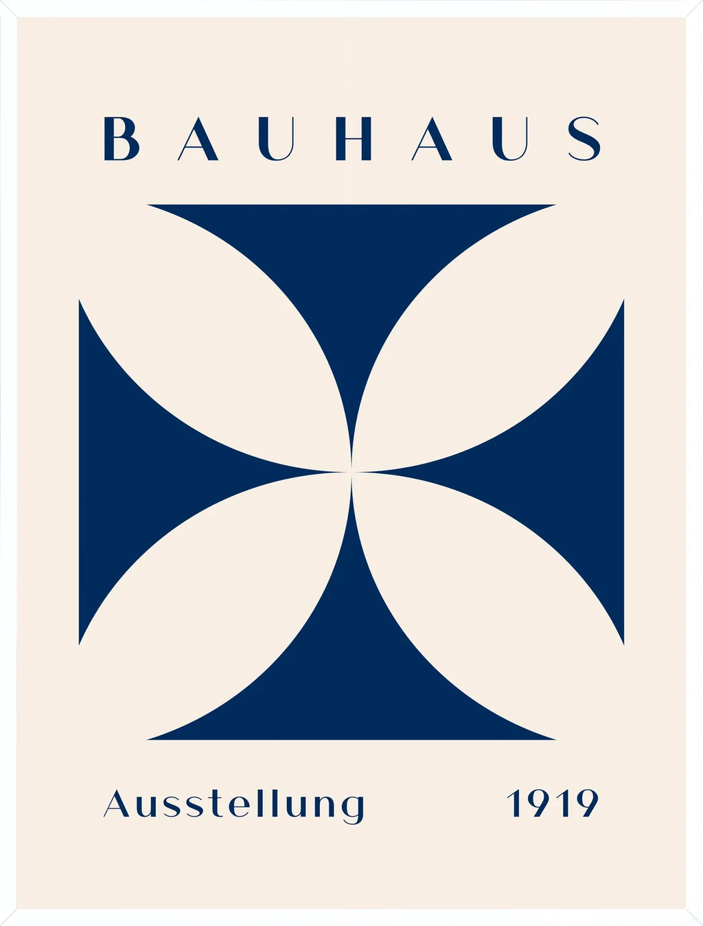 Cadre blanc epure presentant l'affiche Bauhaus quatre-petales bleus