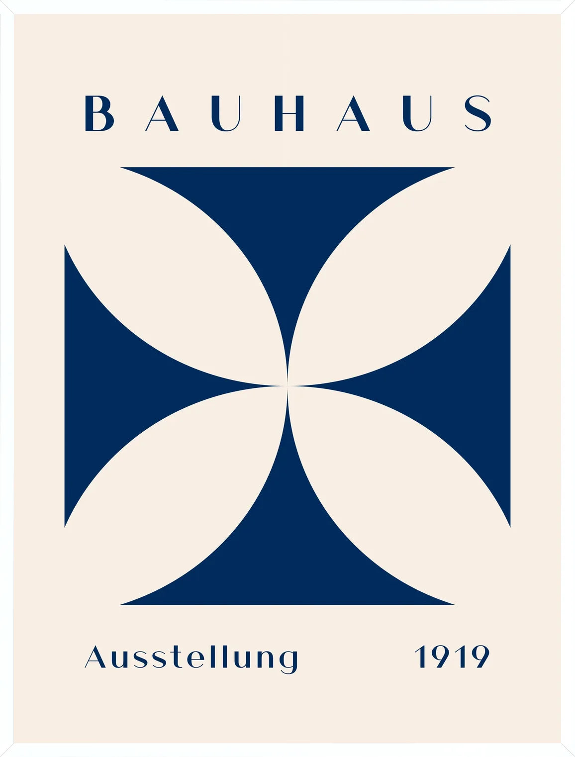 Cadre blanc epure presentant l'affiche Bauhaus quatre-petales bleus