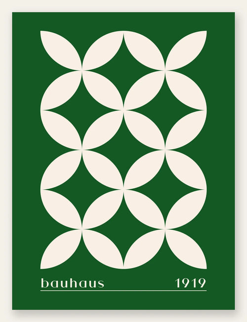 Quatre-Petales Verts, affiche Bauhaus geometrique sur fond colore