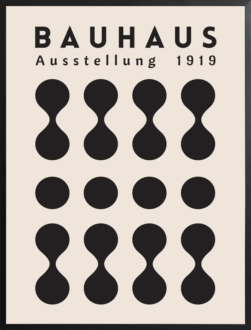Encadrement noir mat autour de l'affiche Bauhaus sabliers et points