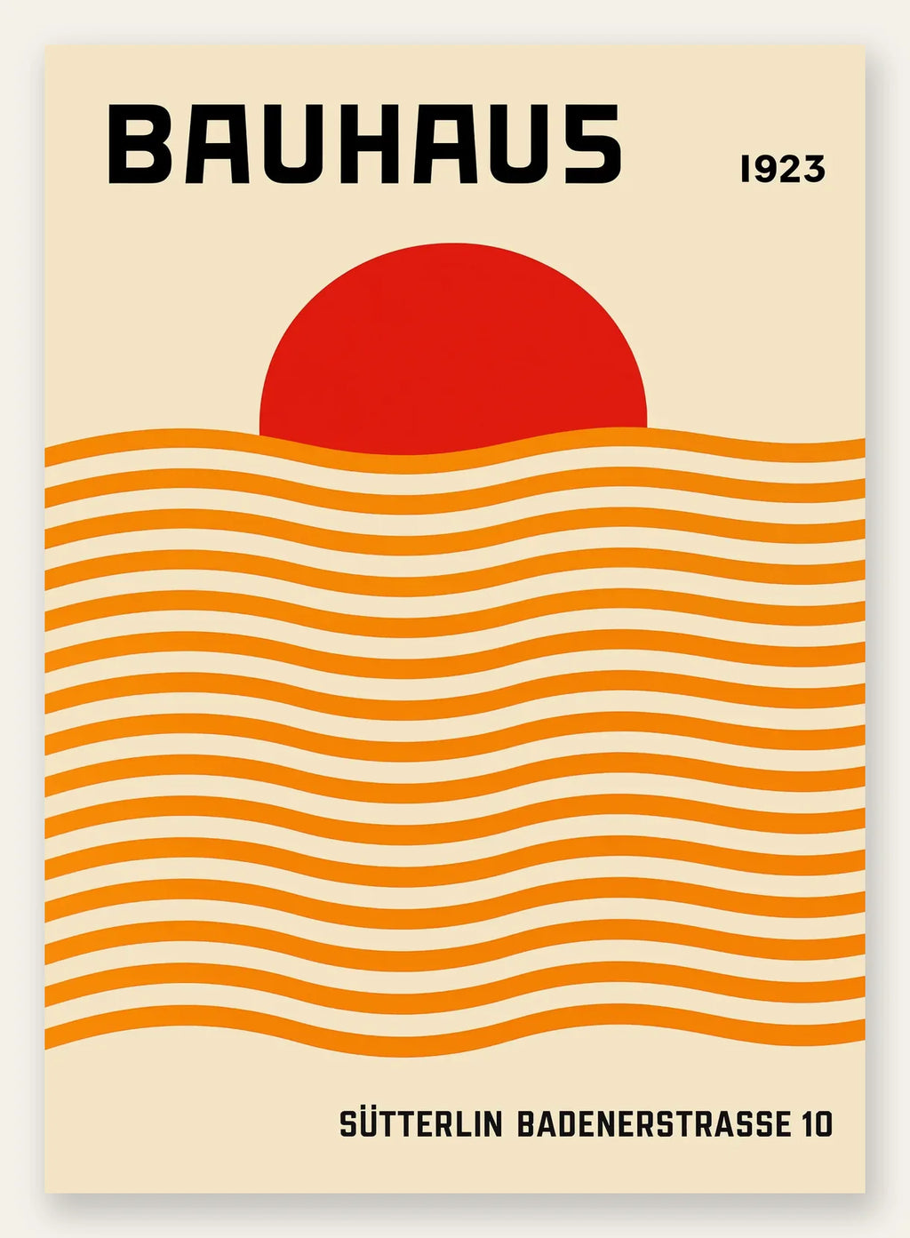 Vagues Orange et Soleil, affiche Bauhaus geometrique sur fond colore
