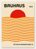 Vagues Orange et Soleil, affiche Bauhaus geometrique sur fond colore