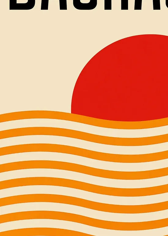 Gros plan sur vagues orange et soleil de l'affiche Bauhaus geometrique