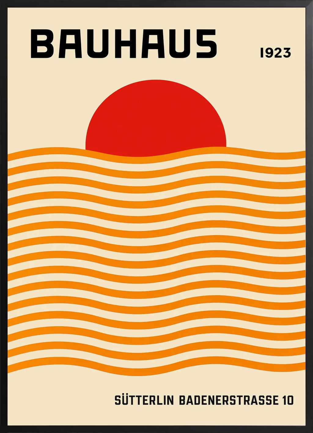 Encadrement noir mat autour de l'affiche Bauhaus vagues orange et soleil