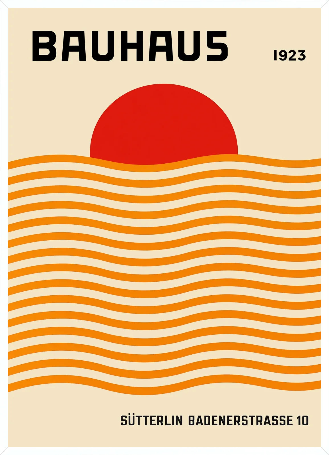 Cadre blanc epure presentant l'affiche Bauhaus vagues orange et soleil