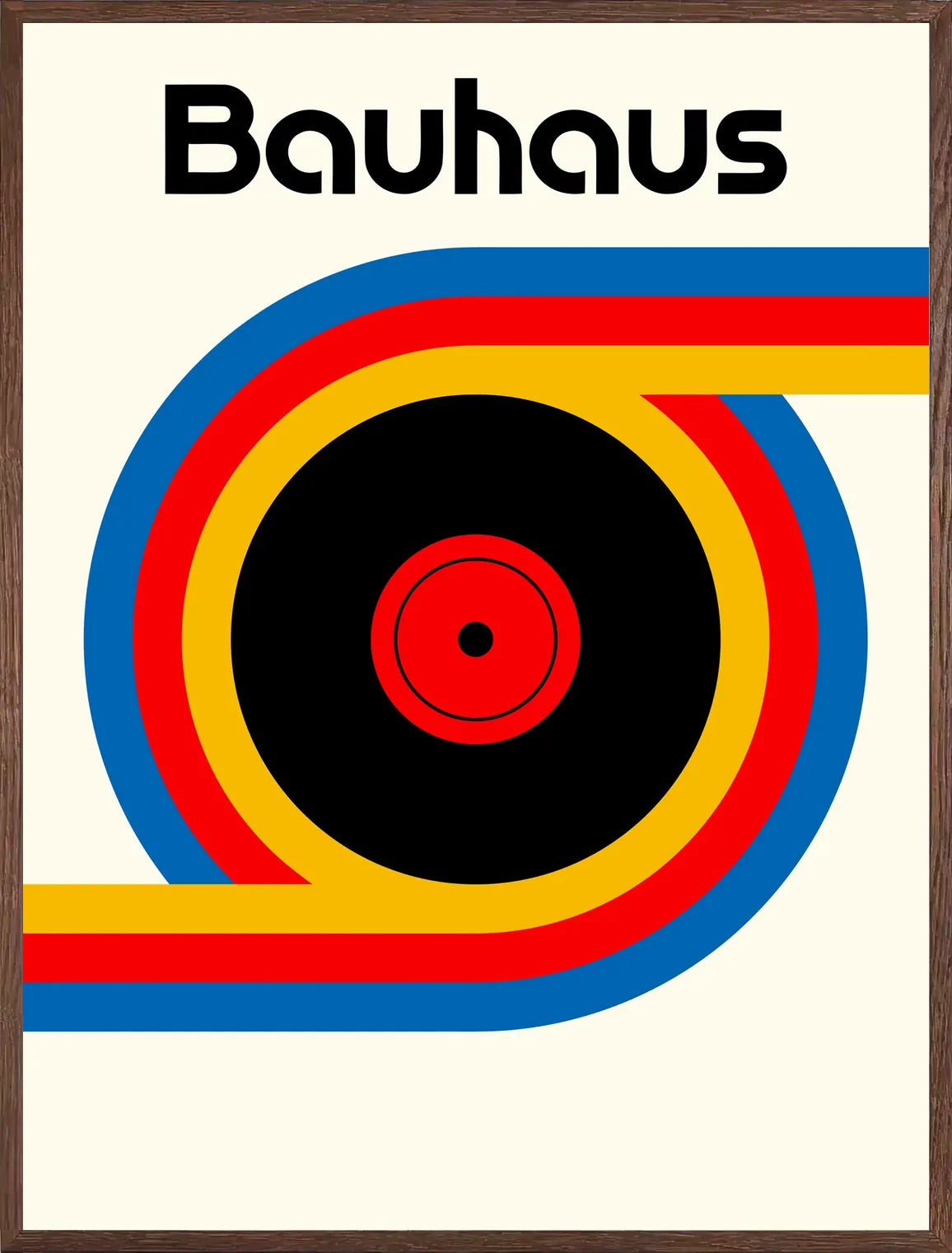 Cadre chene clair entourant l'affiche Bauhaus vinyle et ruban