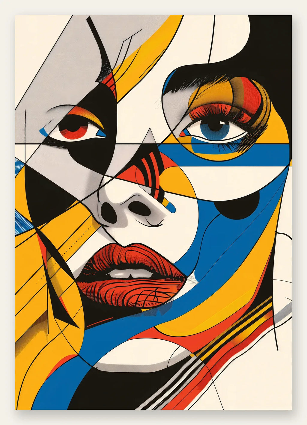 Visage Cubiste, affiche Bauhaus geometrique sur fond colore