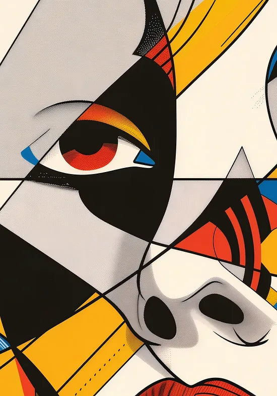 Gros plan sur visage cubiste de l'affiche Bauhaus geometrique