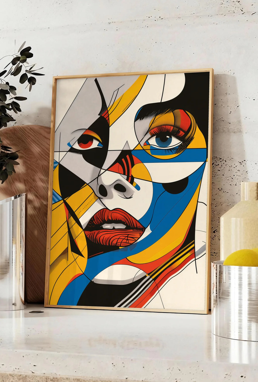 Affiche visage Cubiste, posee sur un plan de travail de cuisine en pierre claire, entre une branche d'eucalyptus en vase et un bocal de citrons