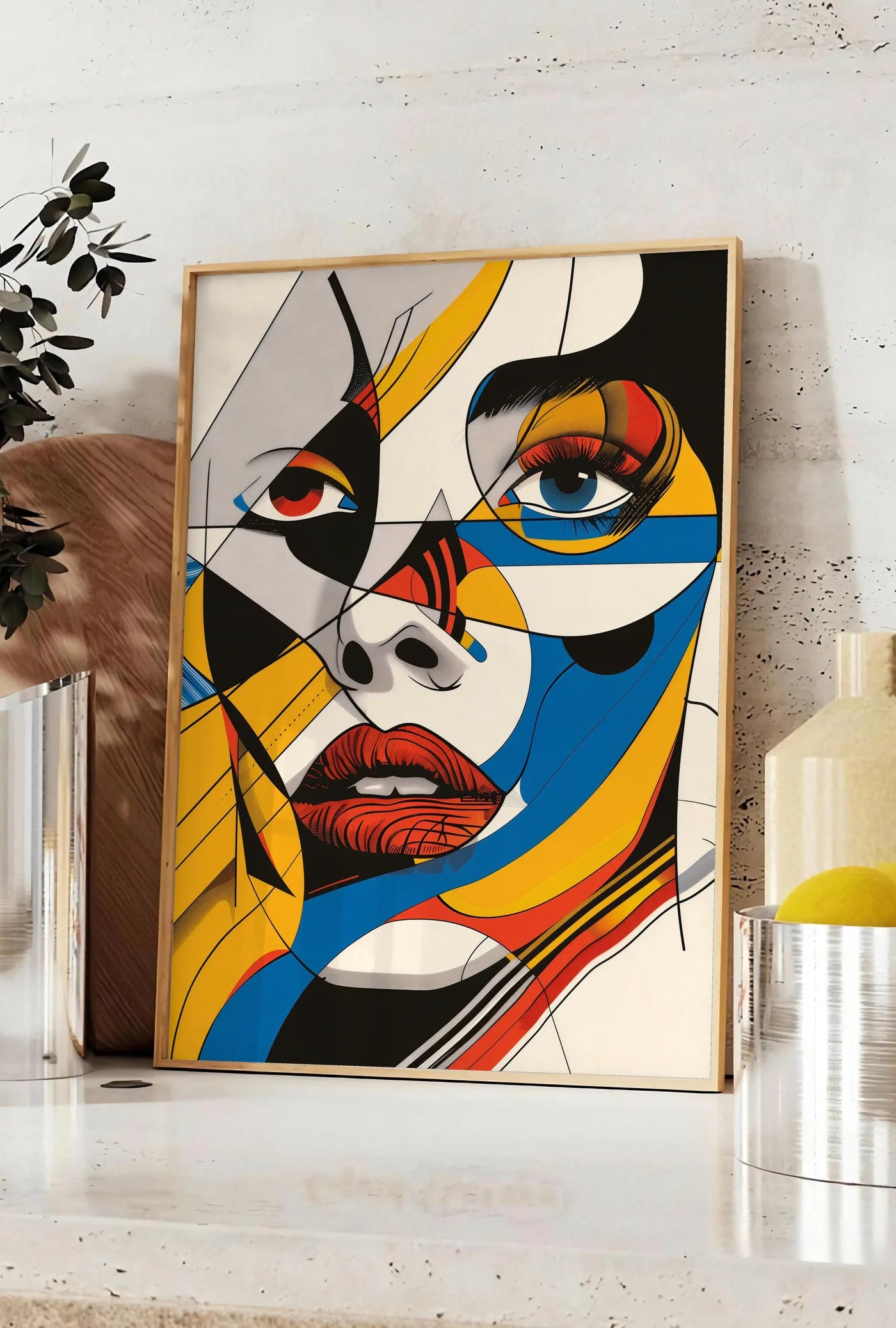 Affiche visage Cubiste, posee sur un plan de travail de cuisine en pierre claire, entre une branche d'eucalyptus en vase et un bocal de citrons