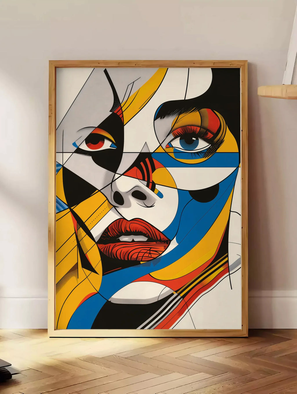 Estampe visage Cubiste, posee au sol dans un coin salon, sur un parquet a chevrons, pres d'une table d'appoint en chene chargee de livres