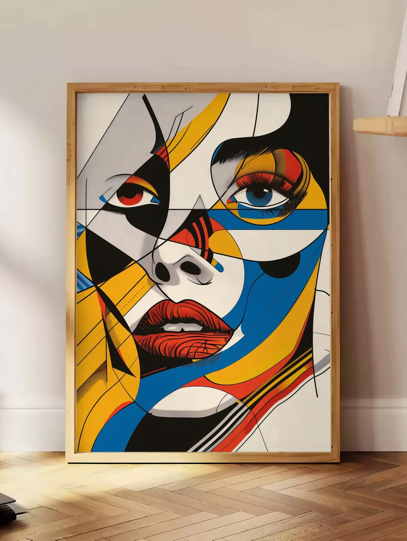 Estampe visage Cubiste, posee au sol dans un coin salon, sur un parquet a chevrons, pres d'une table d'appoint en chene chargee de livres