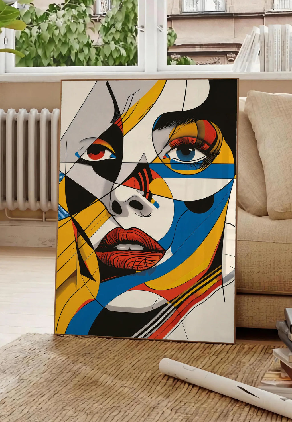 Poster visage Cubiste, posee au sol dans un salon parisien, devant une grande fenetre donnant sur un immeuble haussmannien, entre un ficus et un canape creme