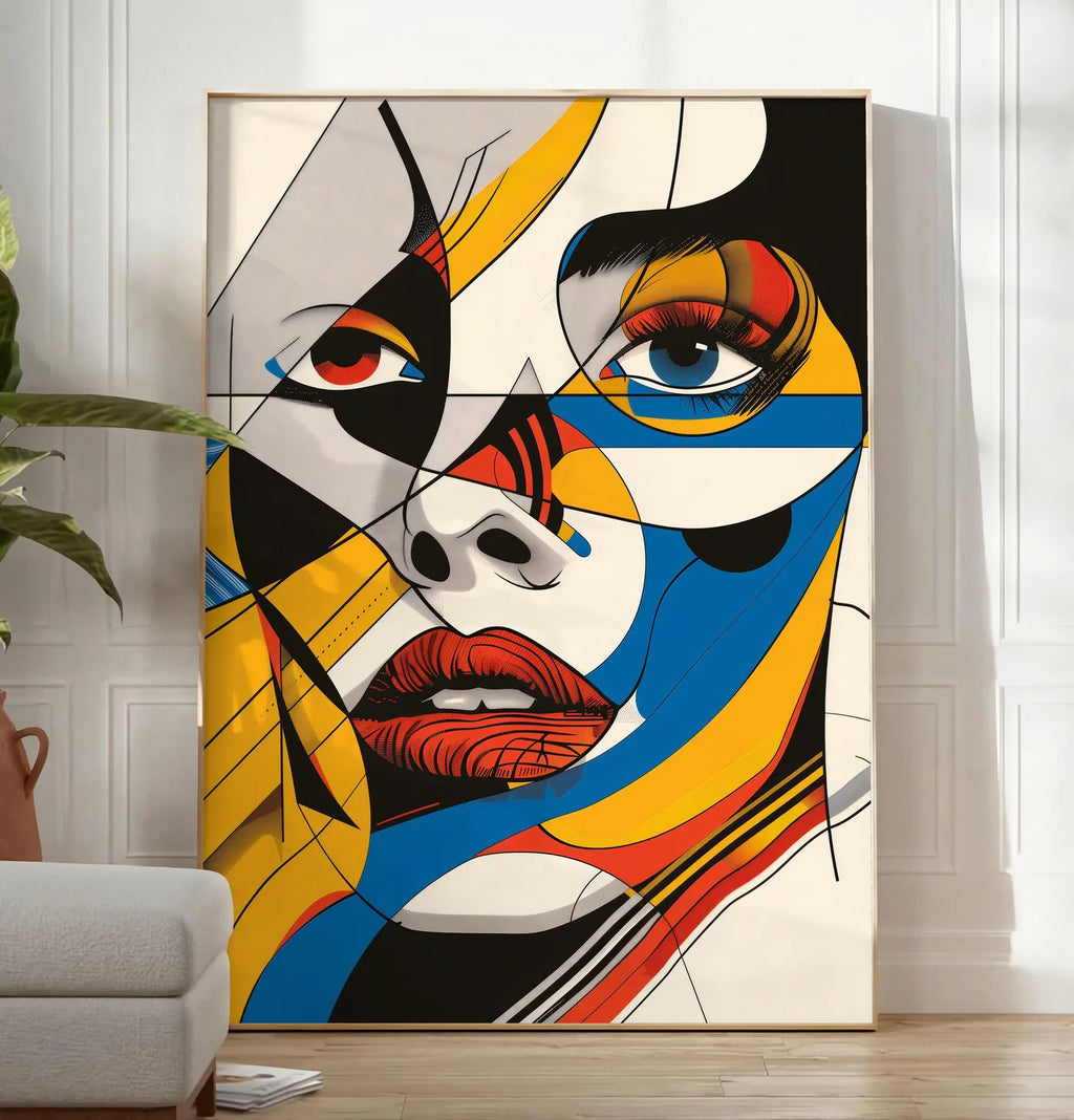 Reproduction visage Cubiste, posee au sol dans un salon minimaliste clair, a cote d'un canape beige et d'une plante verte, sur un parquet clair