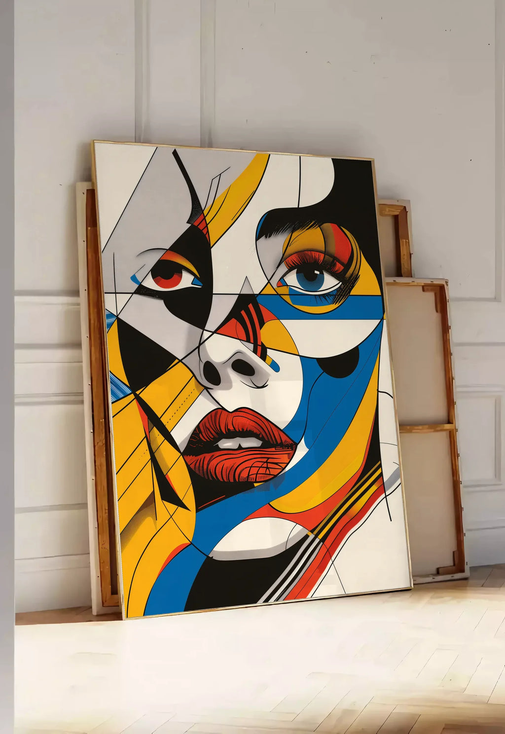 Tirage encadrable visage Cubiste, posee au sol dans une entree lumineuse, contre un mur a panneaux blancs, a cote de chassis en bois empiles