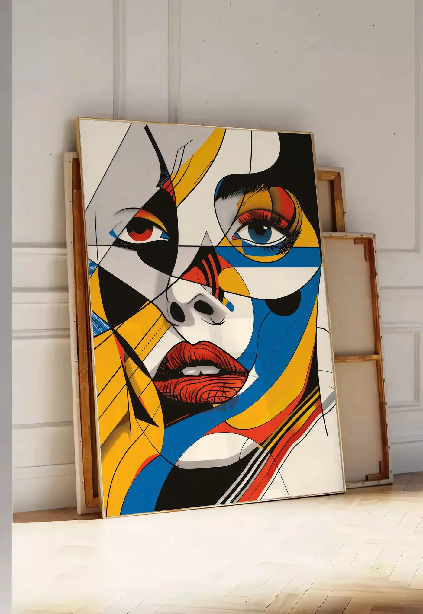 Tirage encadrable visage Cubiste, posee au sol dans une entree lumineuse, contre un mur a panneaux blancs, a cote de chassis en bois empiles