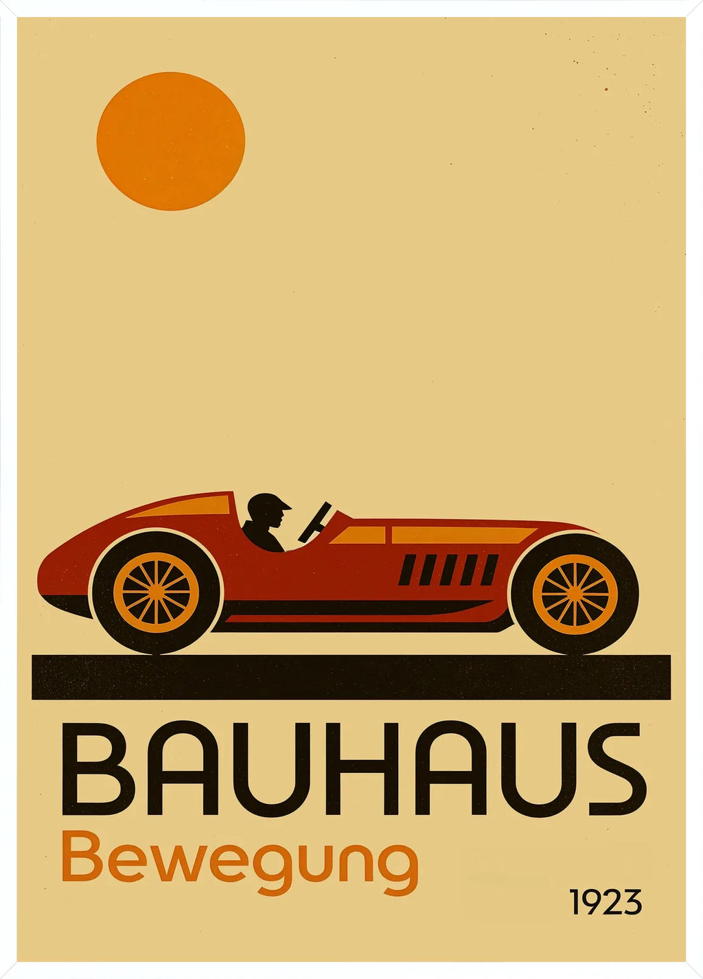 Cadre blanc epure presentant l'affiche Bauhaus voiture de course