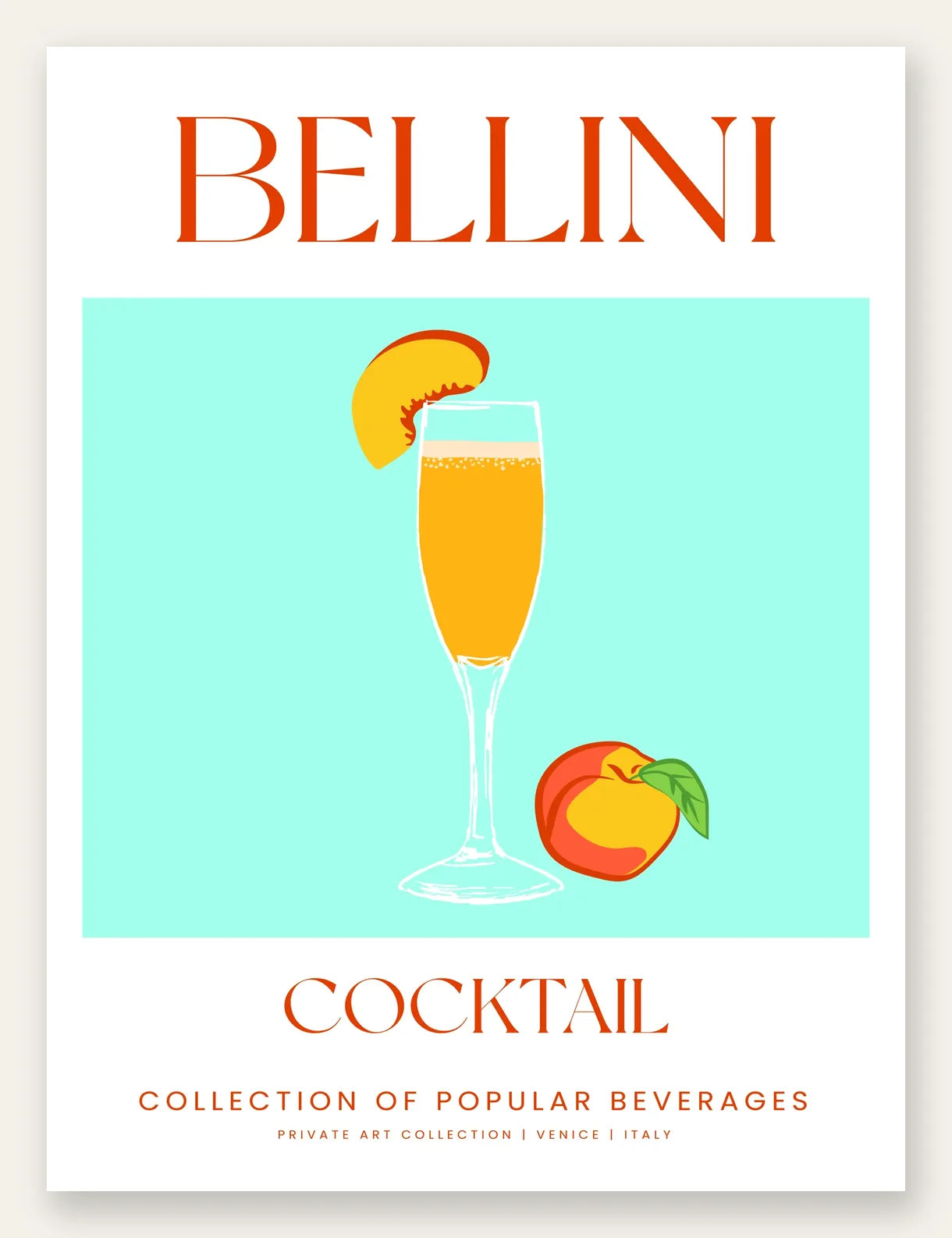 Affiche cocktail Bellini, flute peche petillante et tranche de peche sur turquoise